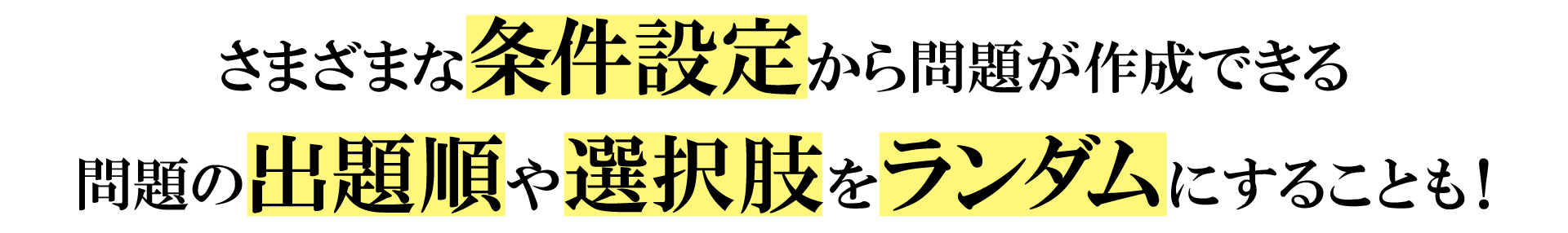 問題抽出の条件設定や出題順、選択肢をランダムにできる